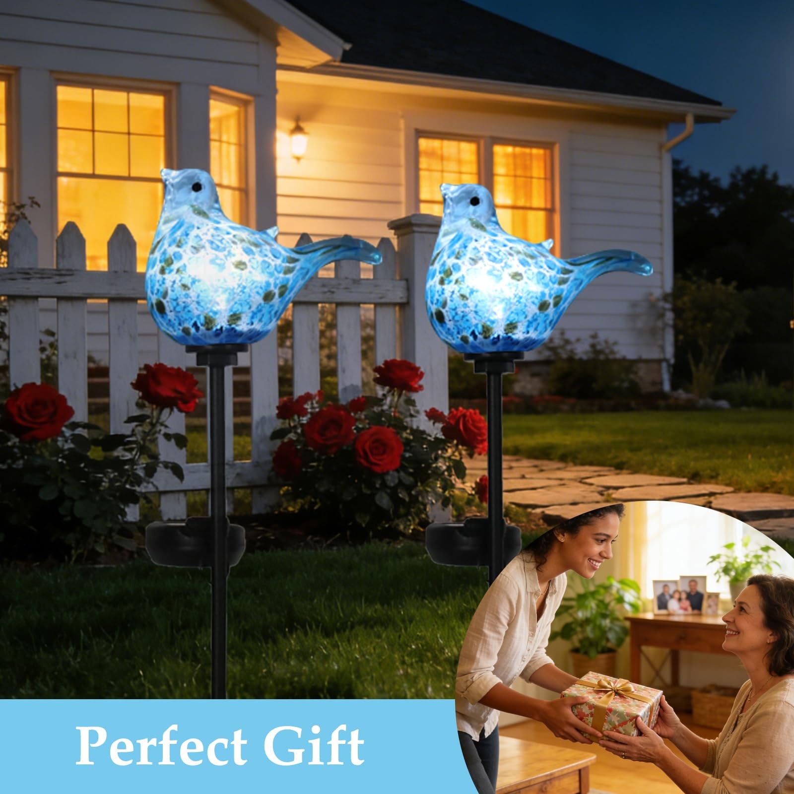 Solar Garden Lights Outdoor Blue Bird Hand-Blown Glass Solar Stake Lights Wat…