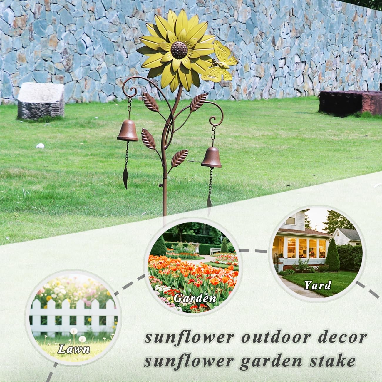 Sunflower Garden Stake With Bells Decorative Metal Yard Patio Outdoor Decor