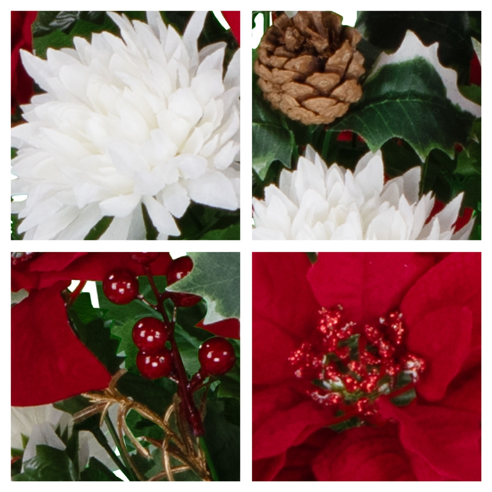Artificial Arrangement – Red Poinsettias White Mums Holly & Pine Cones Bouquet