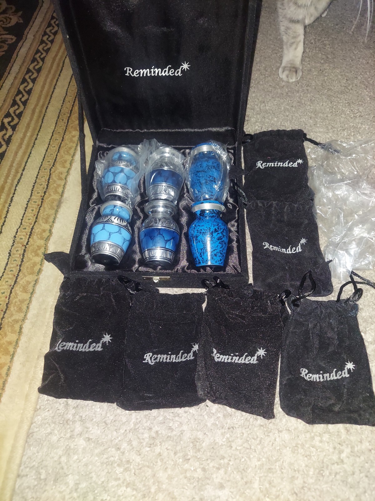 Reminded Small Cremation Urns for Human Ashes, Mini Keepsake Set of 6 Blue and S