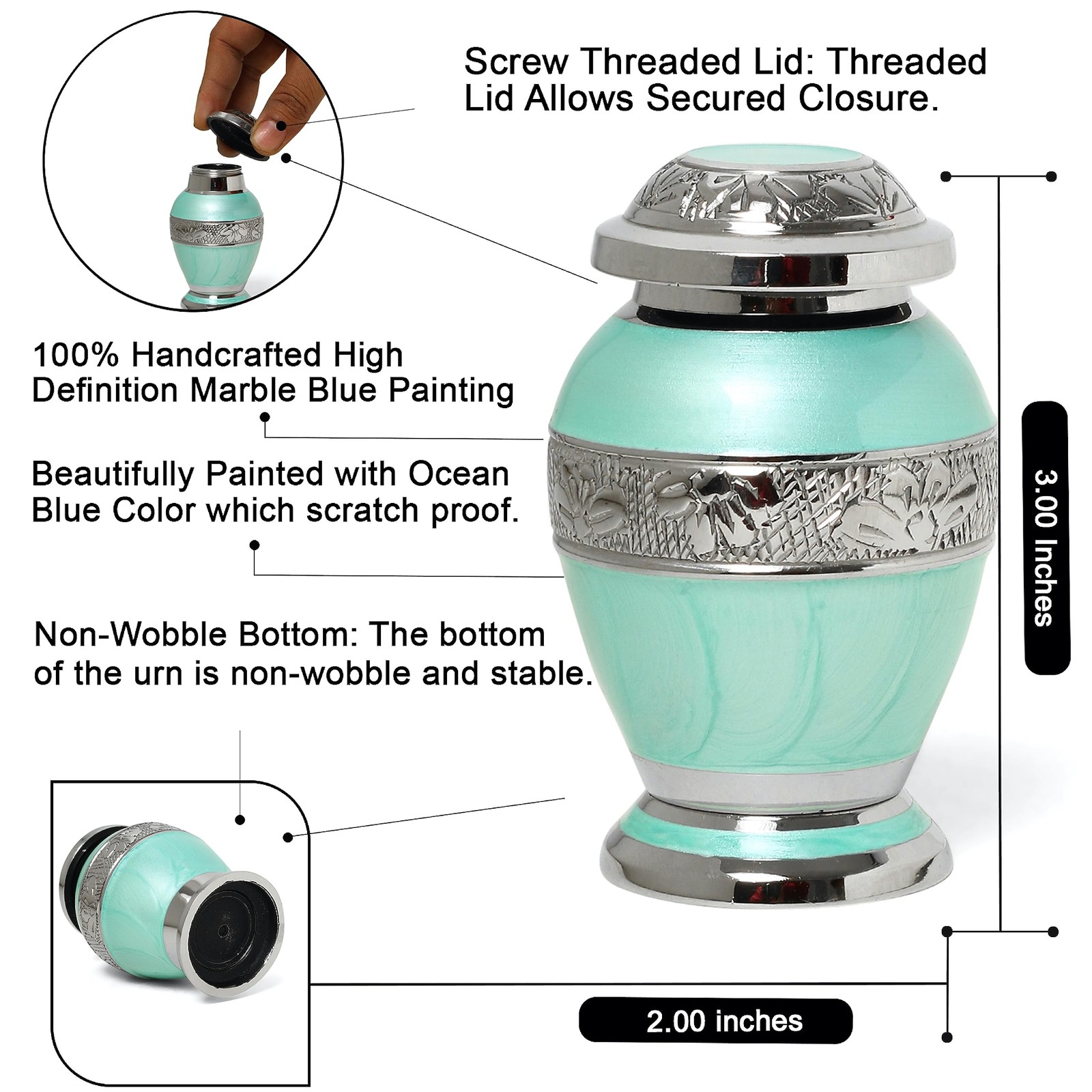 Azure Blue Engraved Small Keepsake Urn for Funeral Ashes Men Women | Ocean Bl…