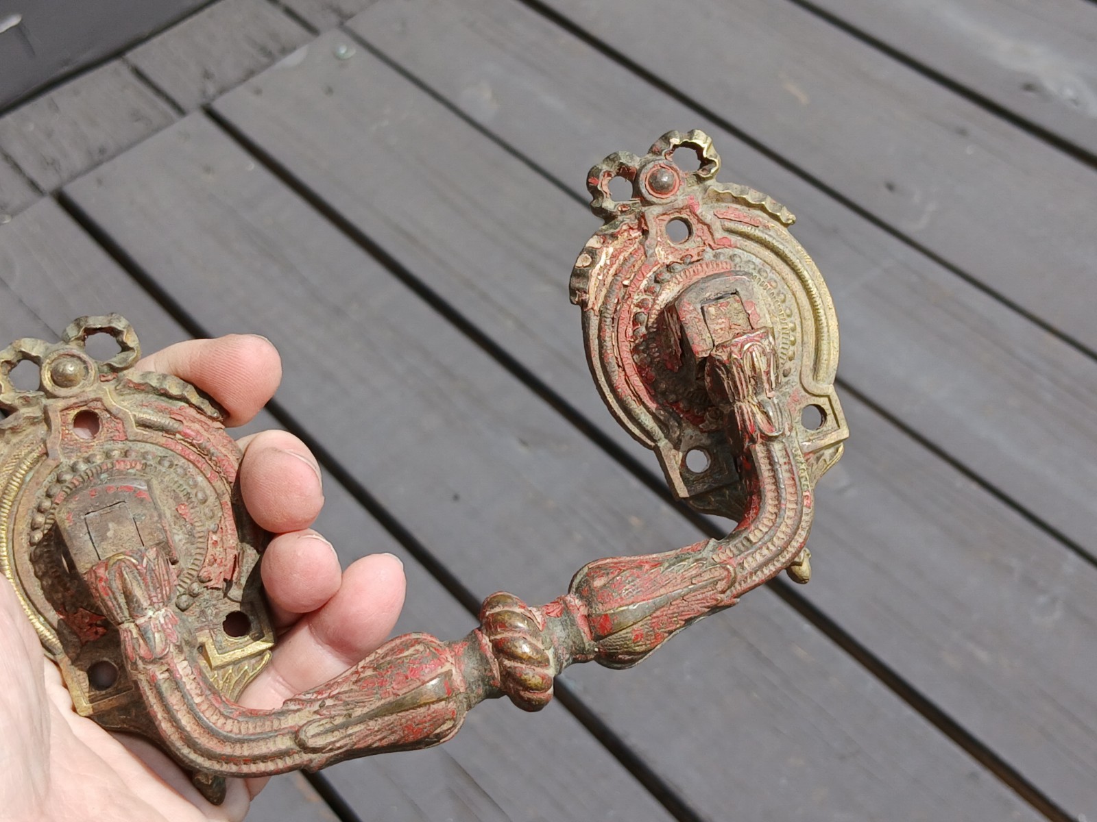 Antique Pair Heavy Cast Brass Hearse or Casket Backplates with Bail Handles 1880