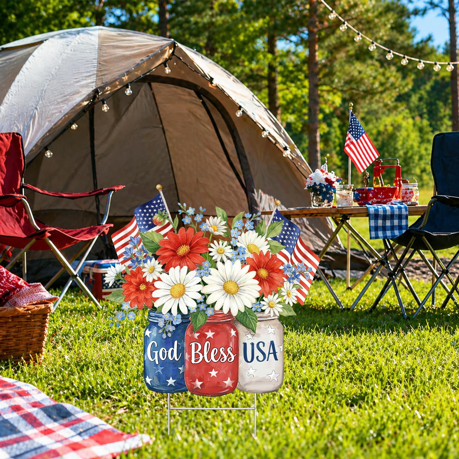 250th Anniversary Yard Sign, Patriotic God Bless USA Garden Stake with Daisy …