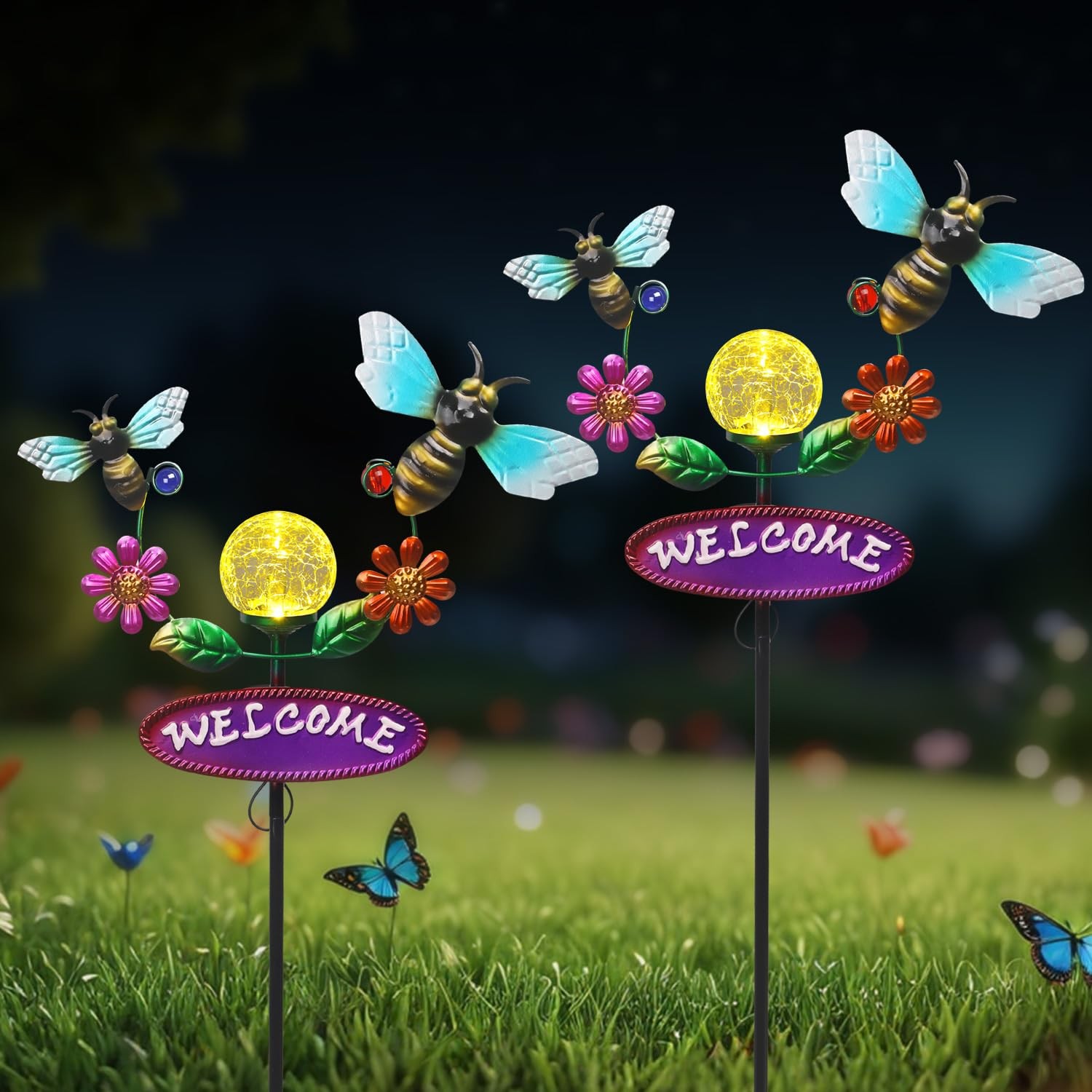 Outdoor Bee Solar Garden Stakes Welcome Sign