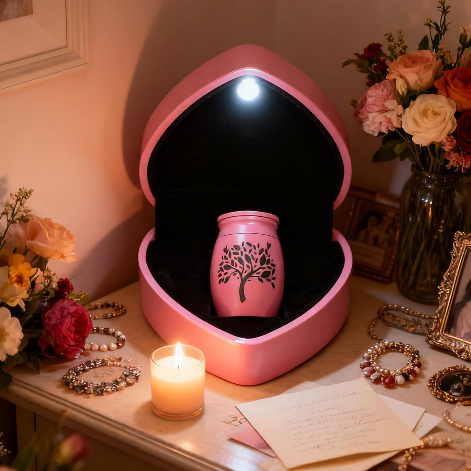 Small Urns for Human Ashes Keepsake – 1.6″ Pink Mini Cremation Urn w/Heart Box N