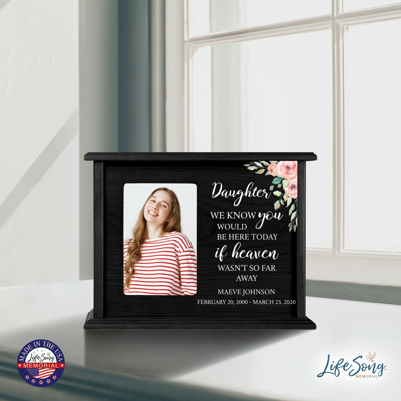 Custom Cremation Urn Box Holds 200 cu in w/ 4×6 Photo – We Know You (Daughter)