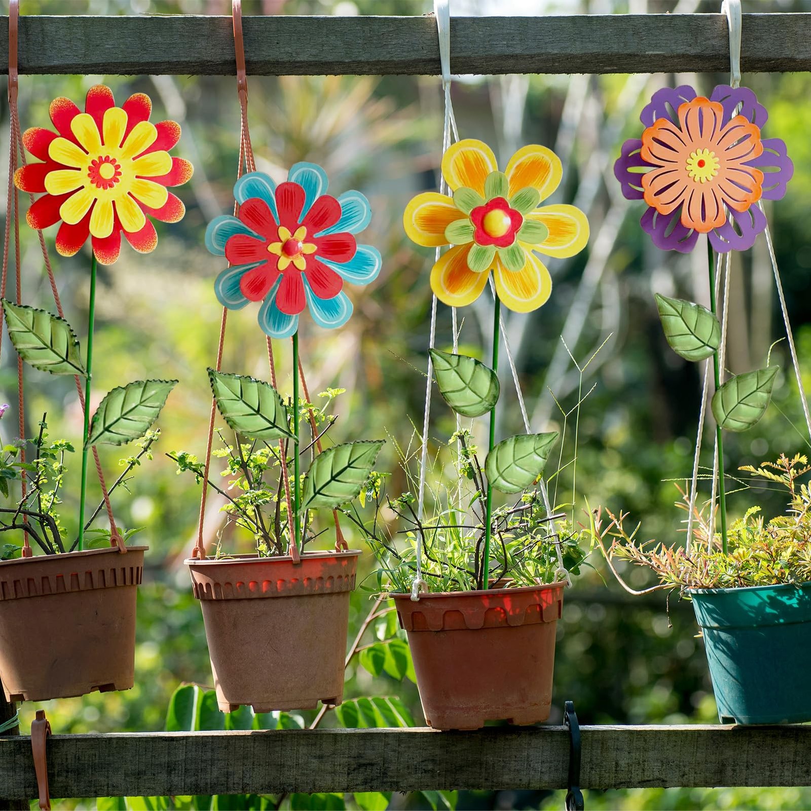 Metal Flowers for Outside,4 Pack 16.33″ Decorative Garden Stakes with Swayin