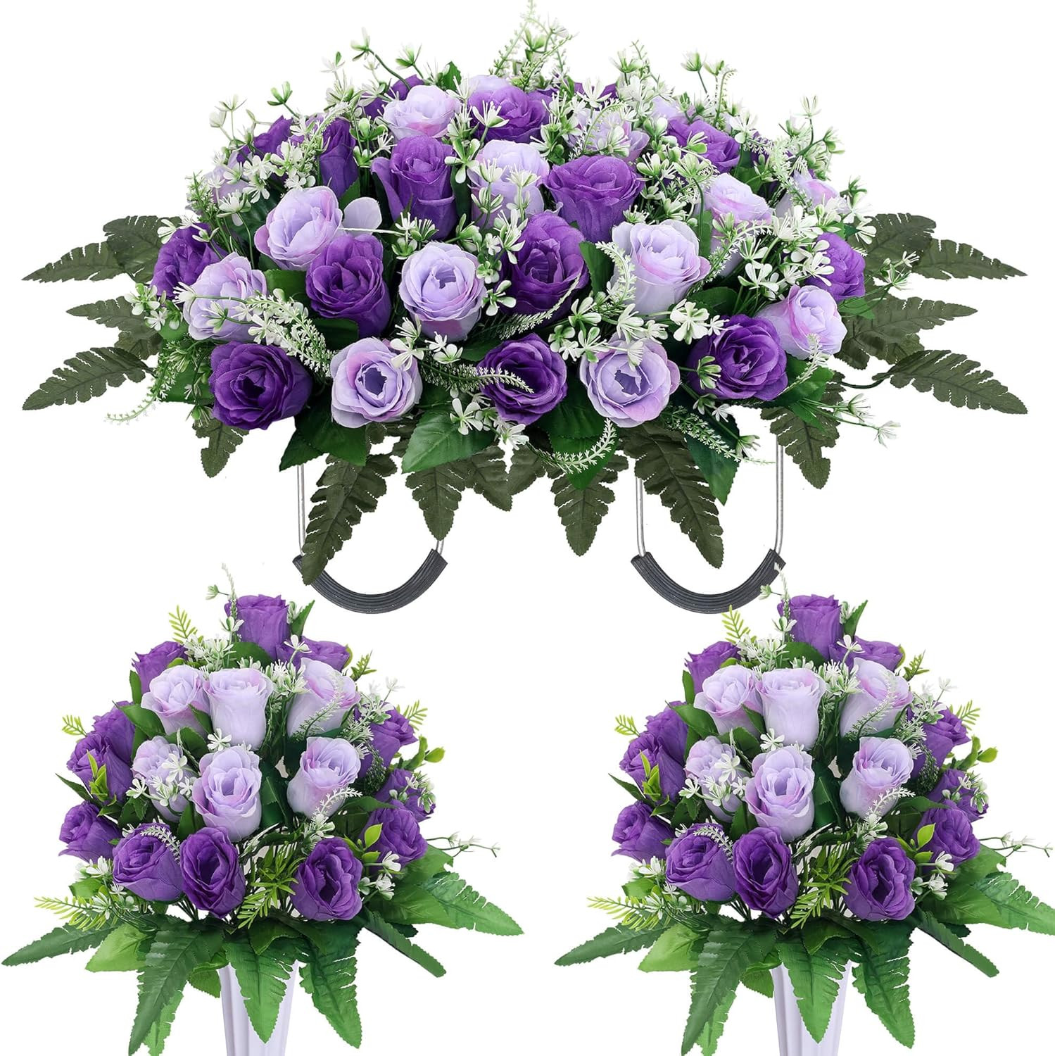 Purple Cemetery Flowers Set for Grave Decoration with Vase – 3 Sets