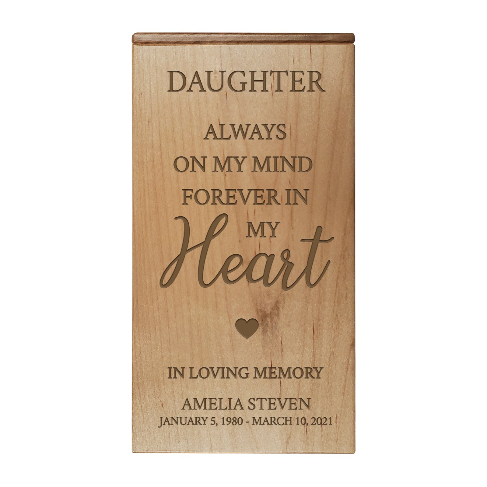 Custom Keepsake Box Urn for Human Ashes 4.5×4.5 Holds 100 cu in -Mind (Daughter)