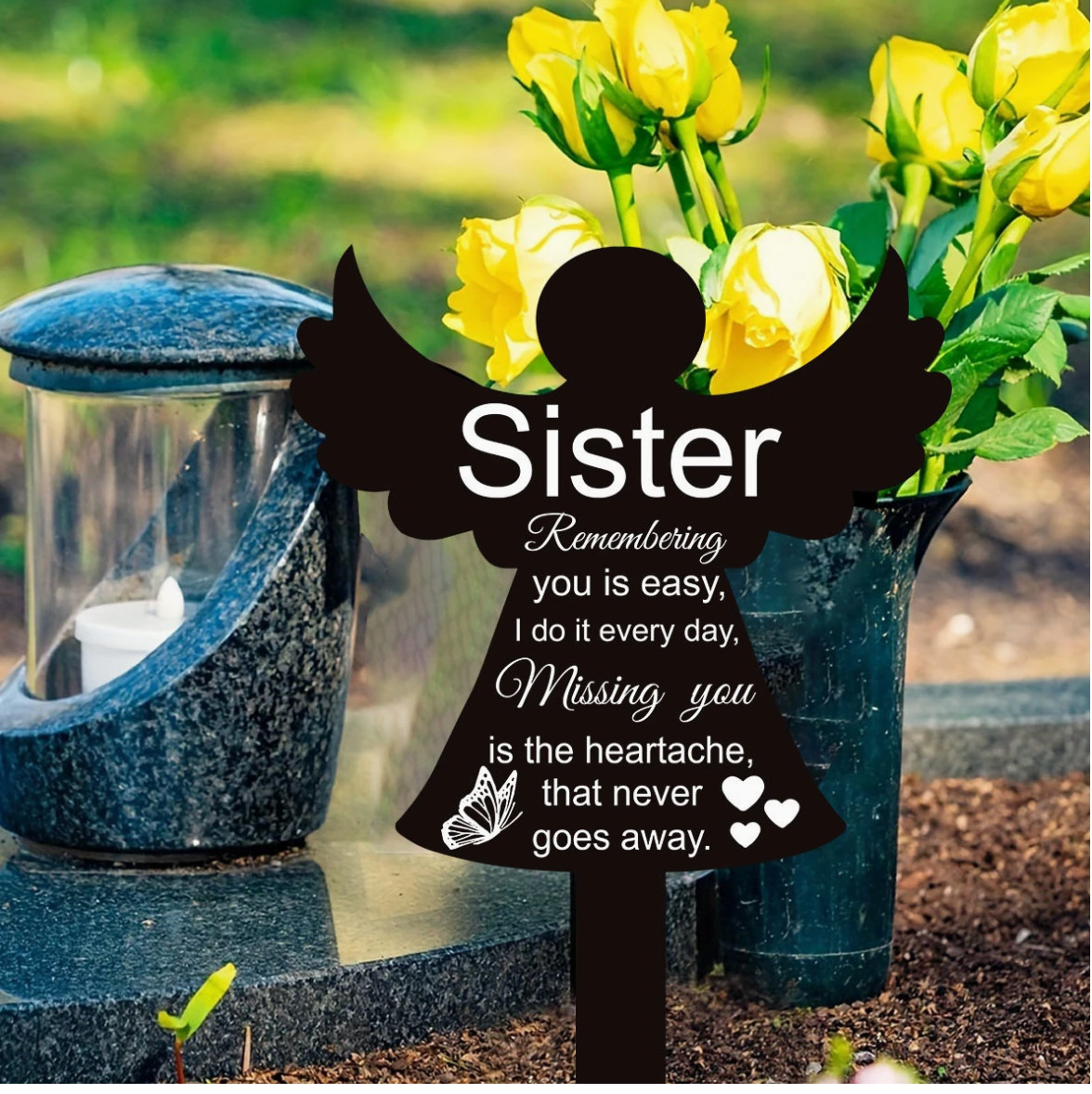 Miss You Memorial Headstone/Graveside Stake for Sister- Black/White, 8″x5″