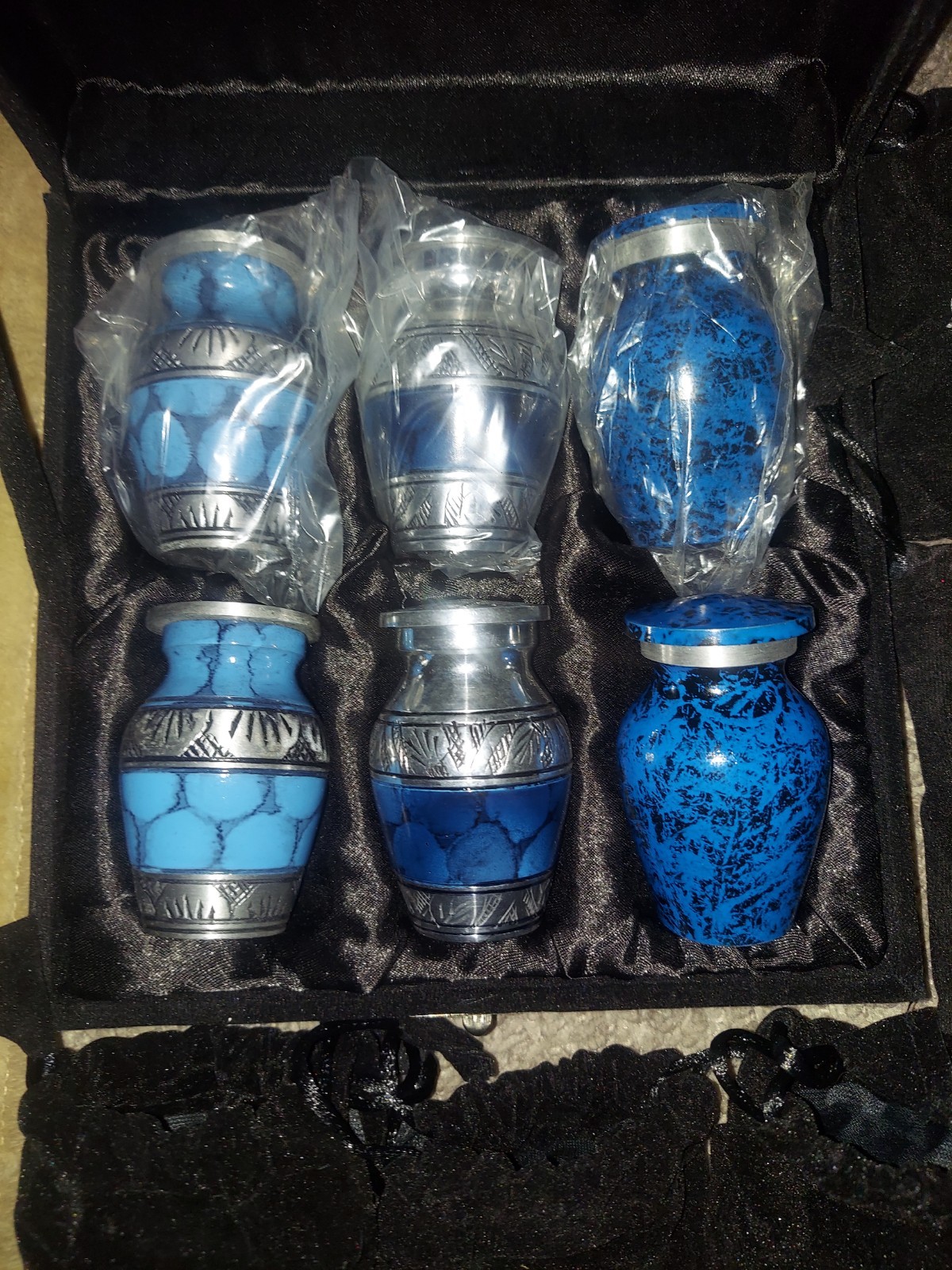 Reminded Small Cremation Urns for Human Ashes, Mini Keepsake Set of 6 Blue and S