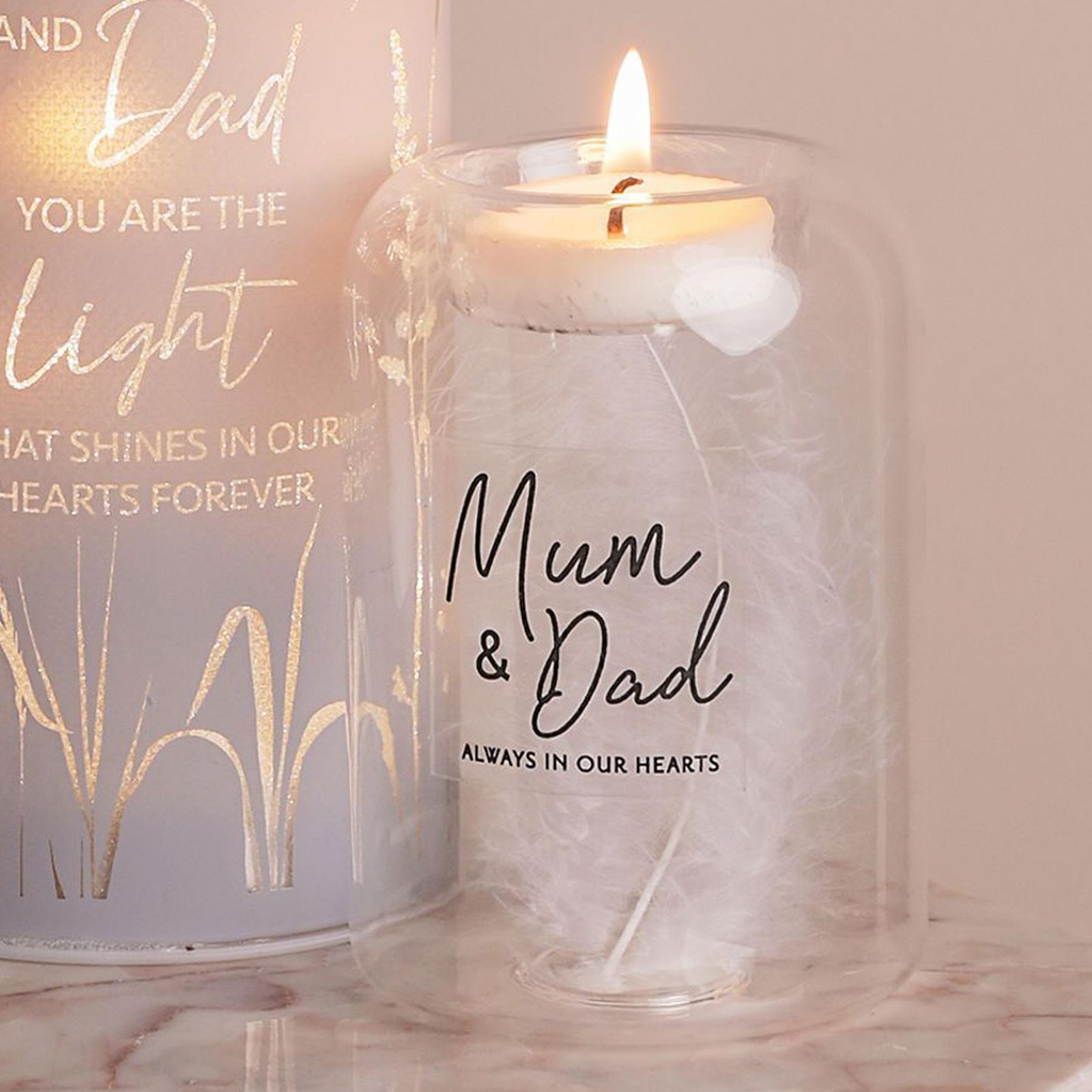 Memorial Tea Light Candle Holder with Feather inside Glass – Mum and Dad