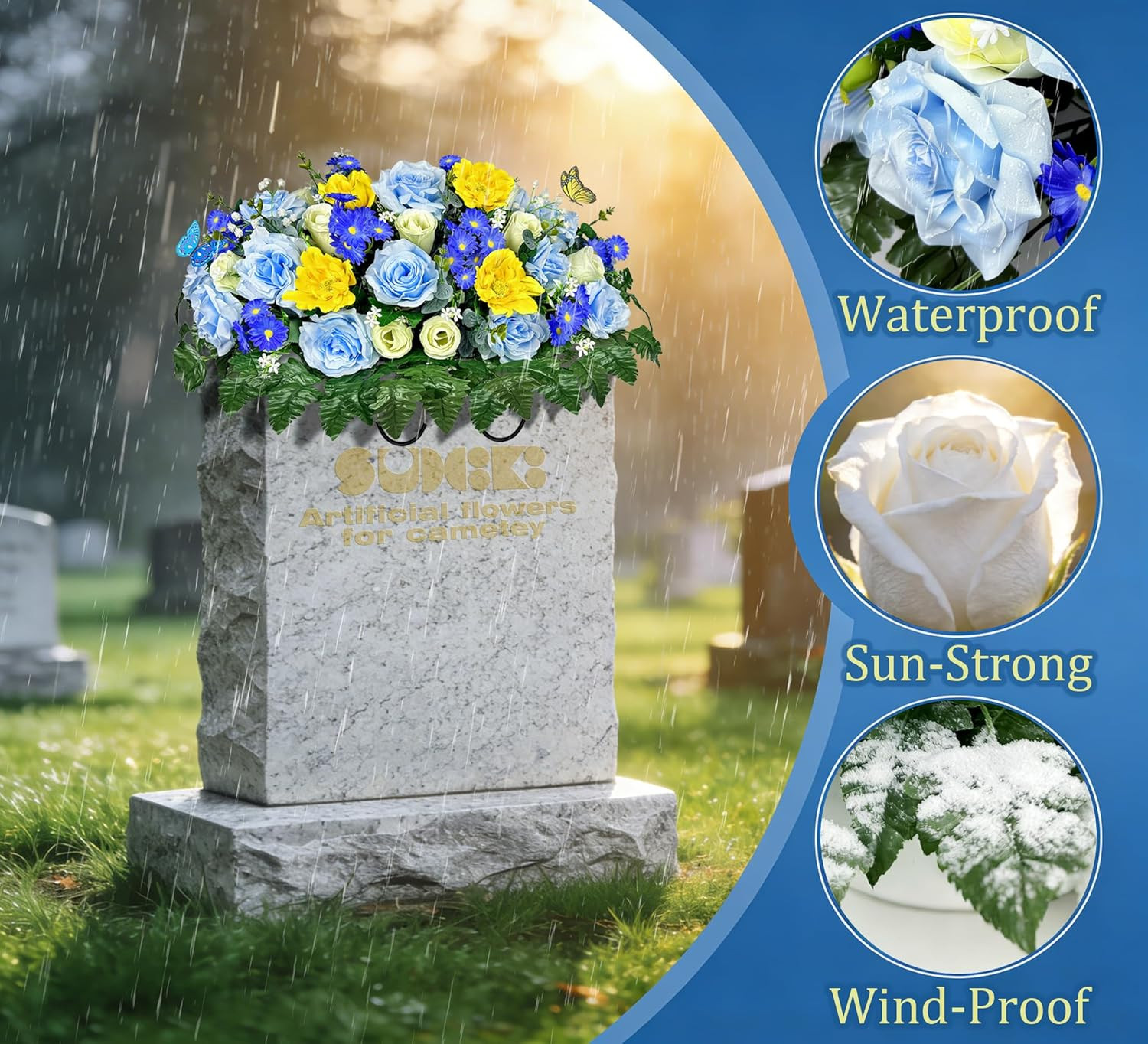 Silk Flower Saddle for Grave Decor – Blue & White Memorial Bouquet