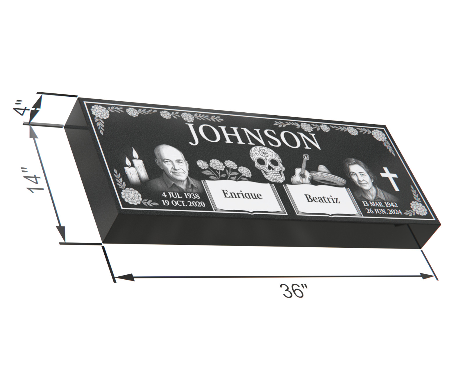 Custom Black Granite Headstone 36x14x4 – Día de los Muertos Companion