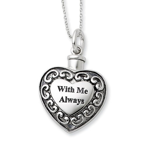 Silver Cremation Jewelry Memorial Urn Ash Holder Heart Necklace “With Me Always”