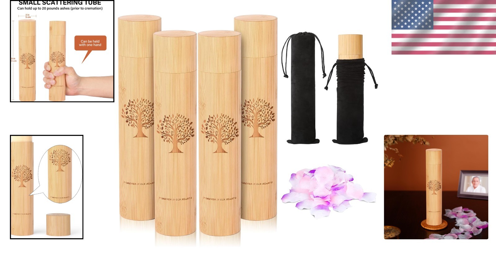 Small Eco Friendly Scattering Tubes for Ashes Includes Drawstring Bags Set 4