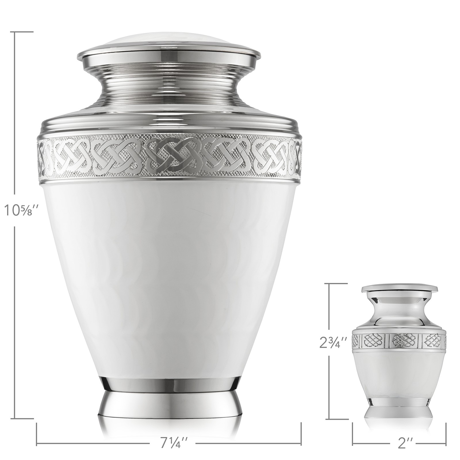 Set of 5 White Celtic Cremation Urns for Human Ashes – 1 Adult + 4 Keepsake Mini