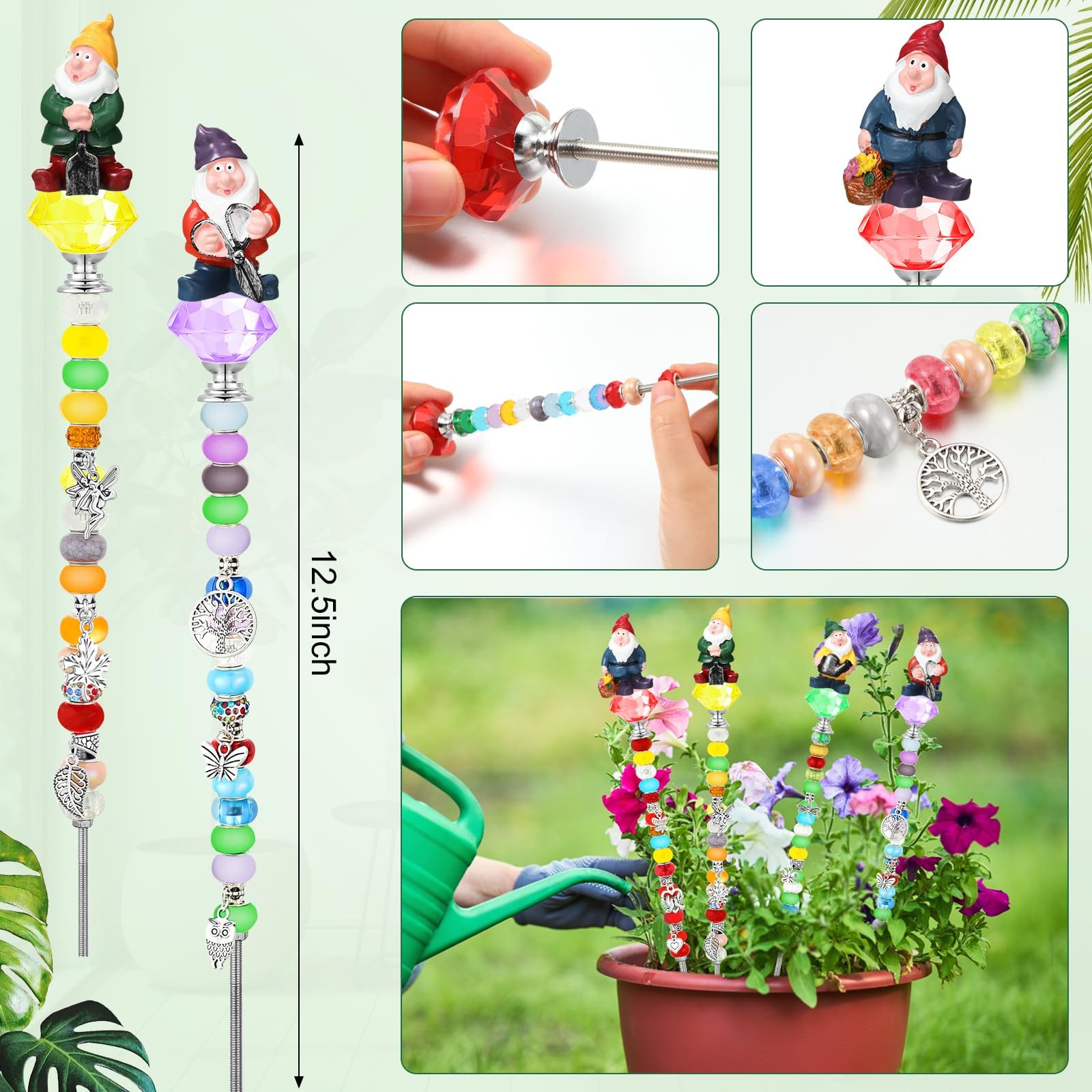 95 Pcs Gnome Garden Stakes Fairy Wand Garden DIY Beaded Stakes Decor 4 Crysta…