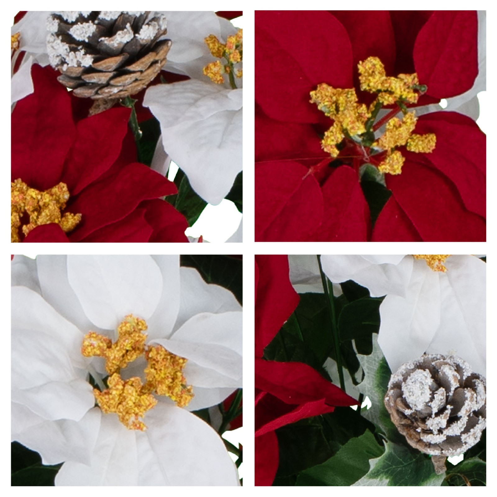 Artificial Flowers for Cemetery – Red and White Poinsettias & Frosted Pinecones