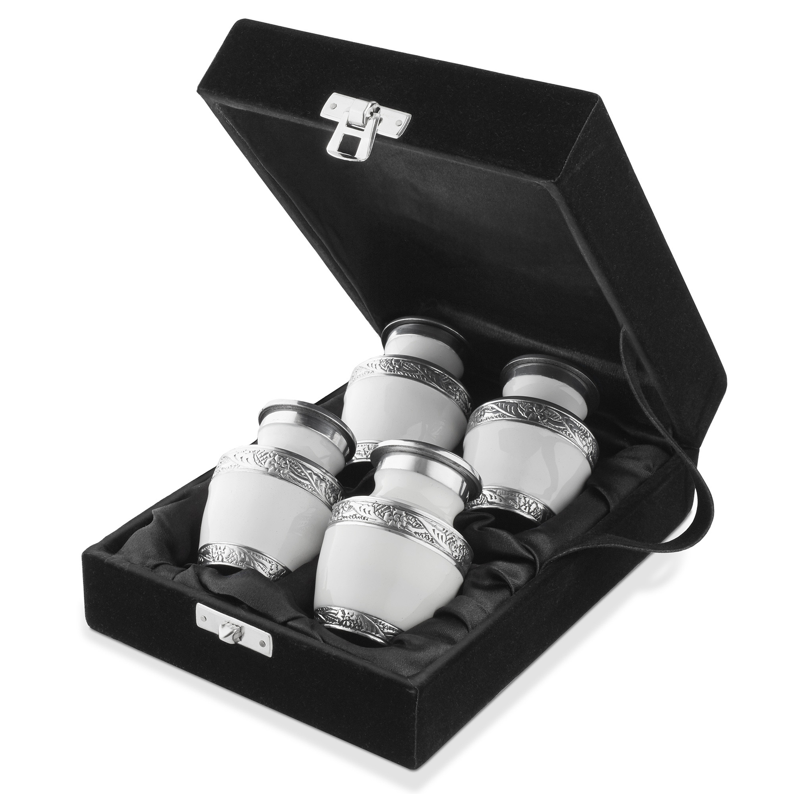 Small Keepsake Set of 4 Cremation Urns, White with Velvet Case