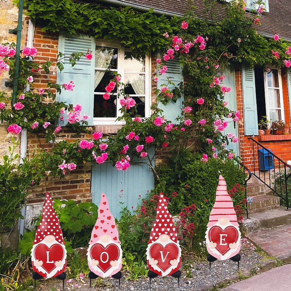 Valentines Day Decorations Outdoor, 4 Pcs Metal Gnomes Decorative Garden Stak…