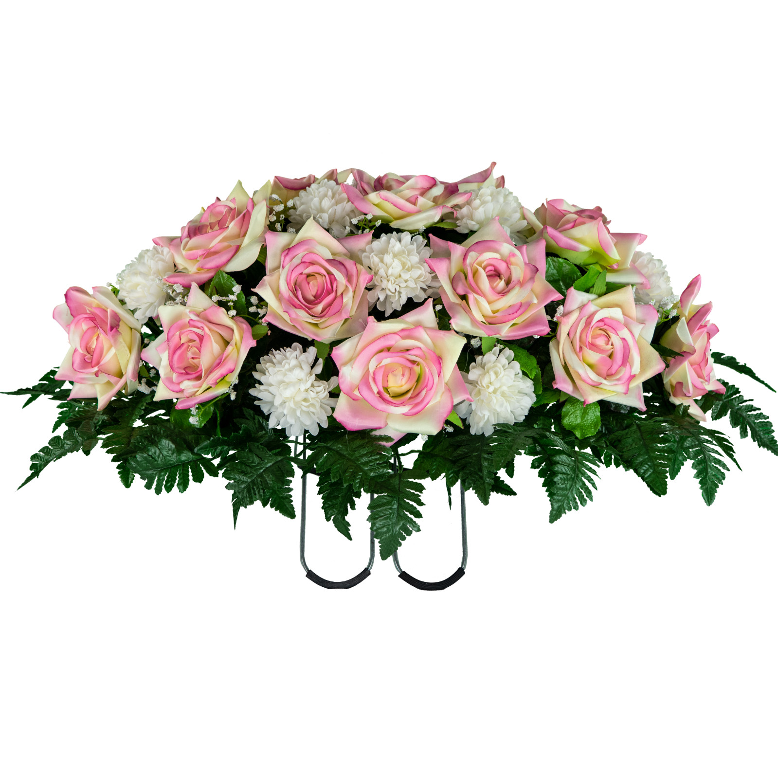 Artificial Headstone Flowers – Cream Pink Open Rose with White Mum Saddle
