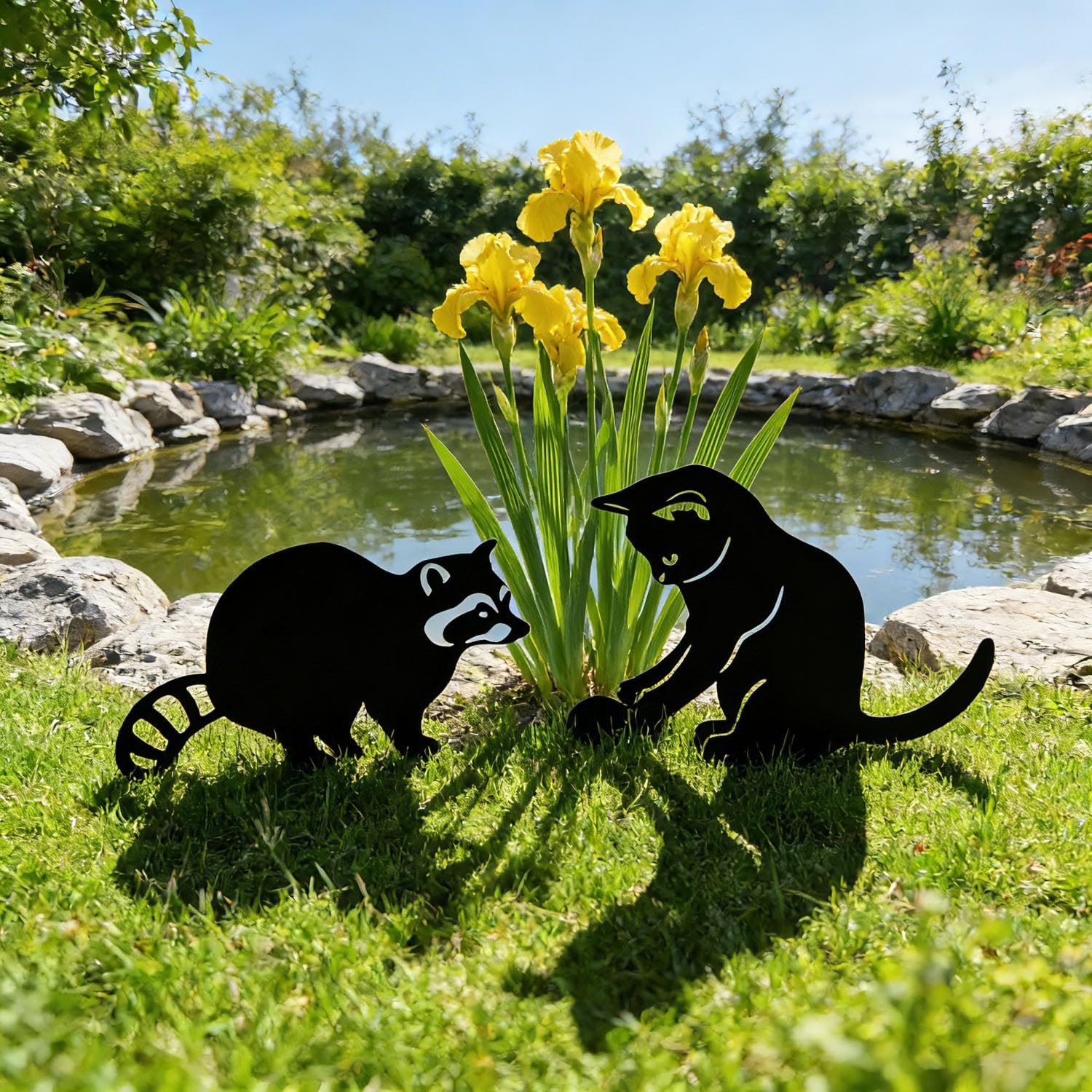Decorative Metal Animal Garden Stakes Cat & Raccoon Yard Art Set of 2