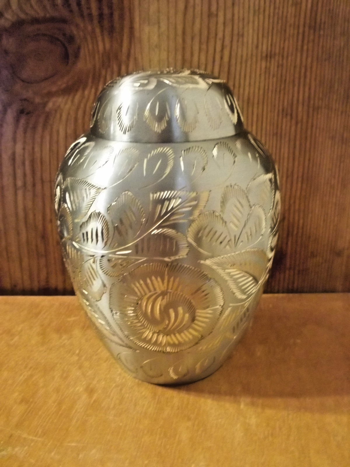 Pewter w/Gold Etched Floral Design ~ Dome Lid ~ Solid Brass Urn~5″~28 lbs.