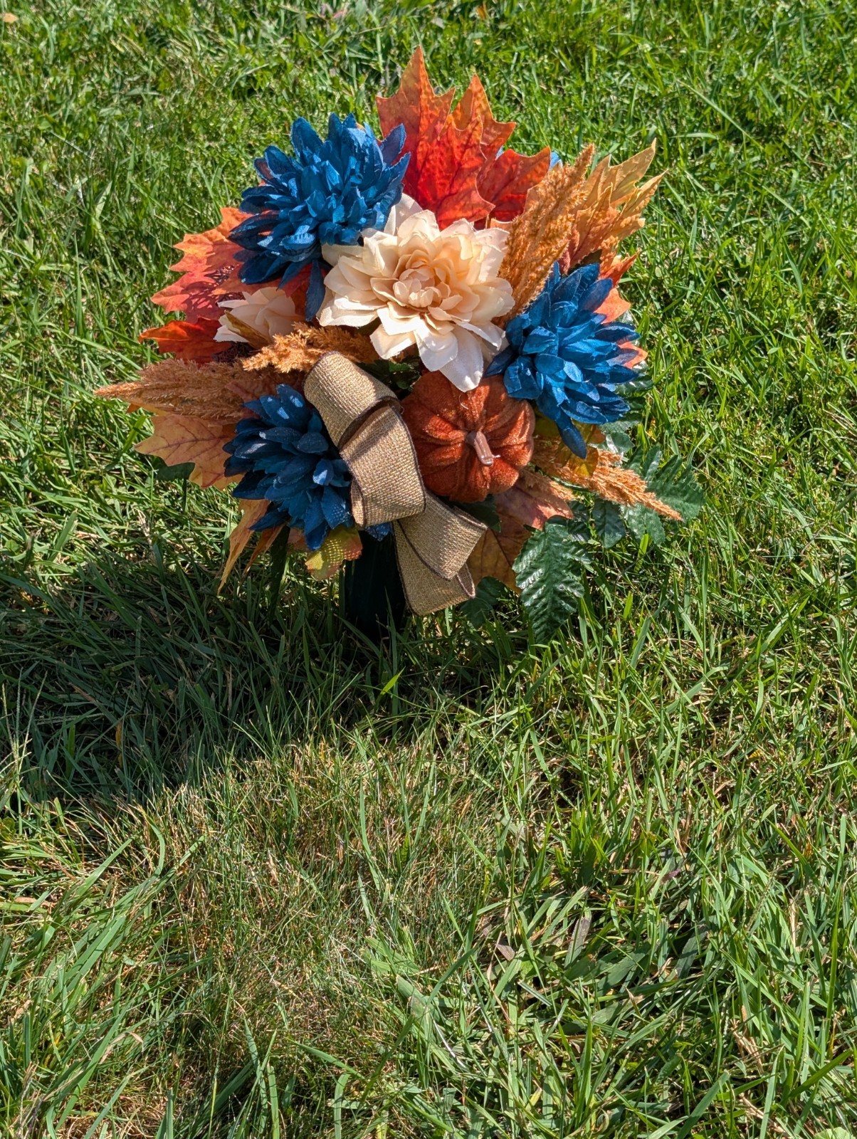 Fall Rust and Blue Cemetery Vase cone arrangement- Autumn florals