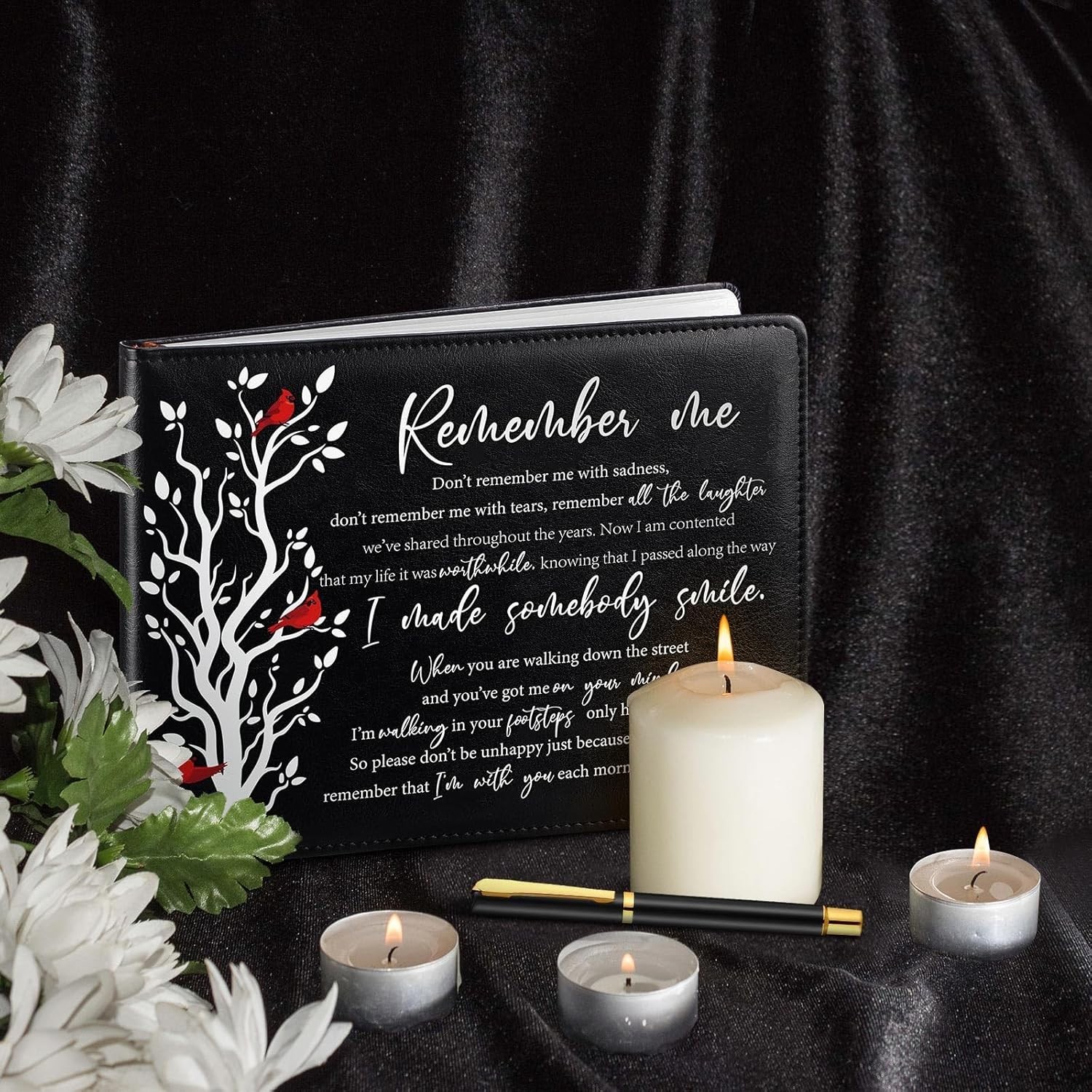 Durable Leather Funeral Guest Book with 144 Pages & Elegant Cardinal Design