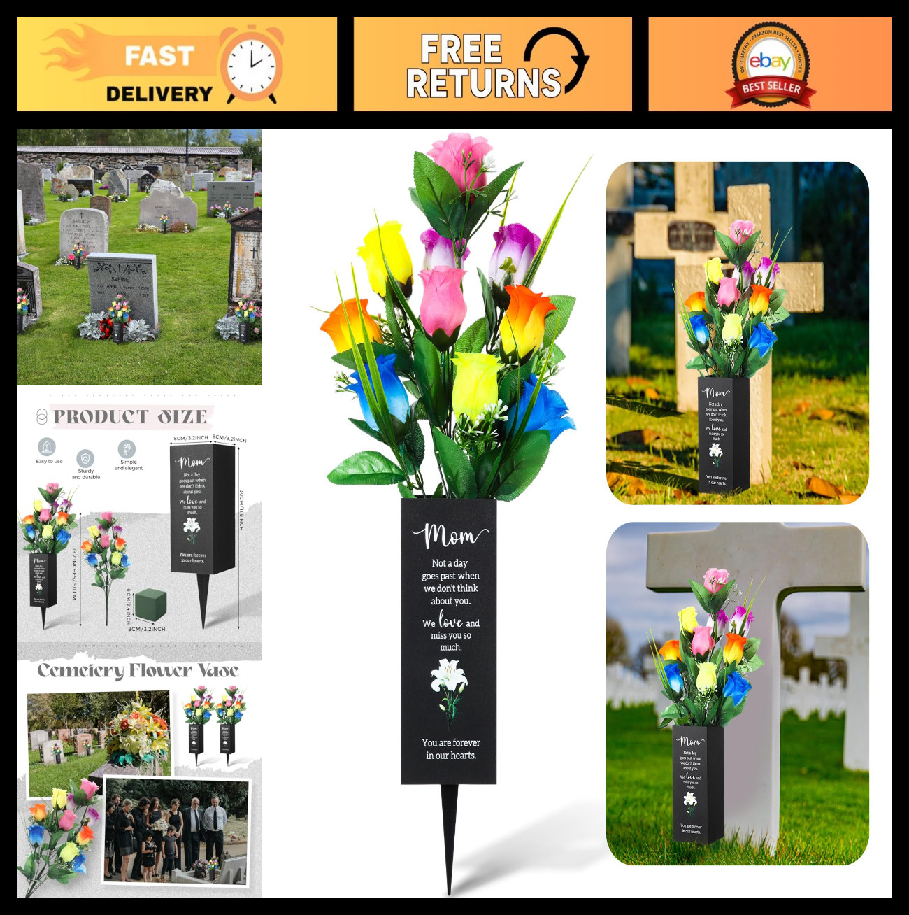 3 Pcs Metal Cemetery Vases with Artificial Flowers & Foam Holder – Grave Decor