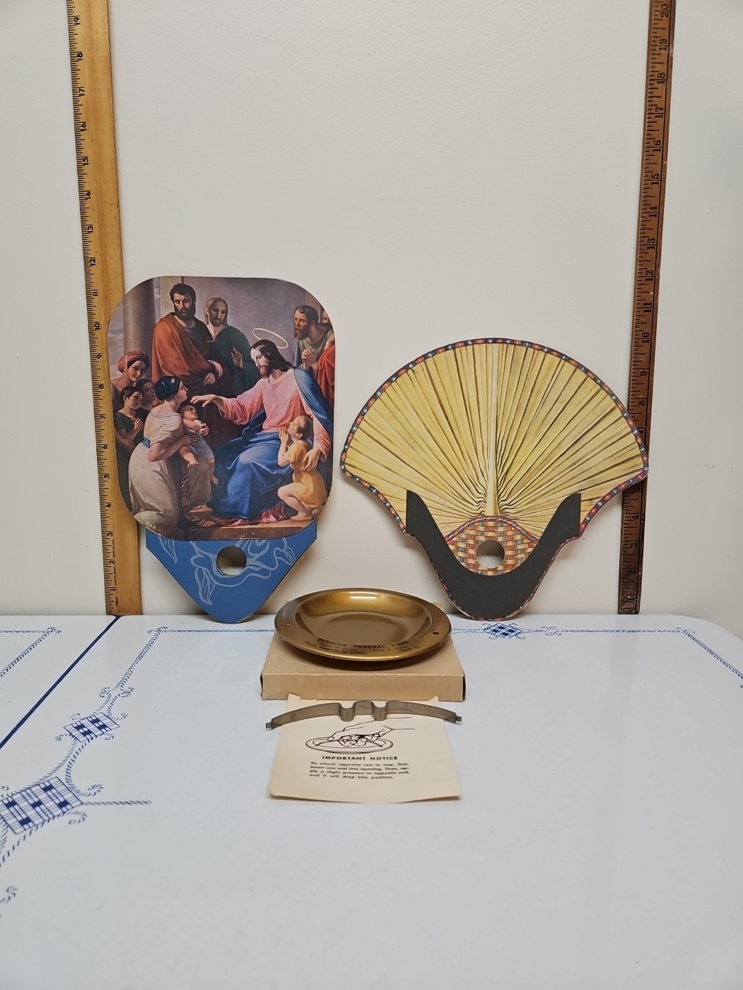 FUNERAL HOME Advertising ASHTRAY-N.O.S And 2~Two Kool Hand PAPER FANS Exc. Cond.