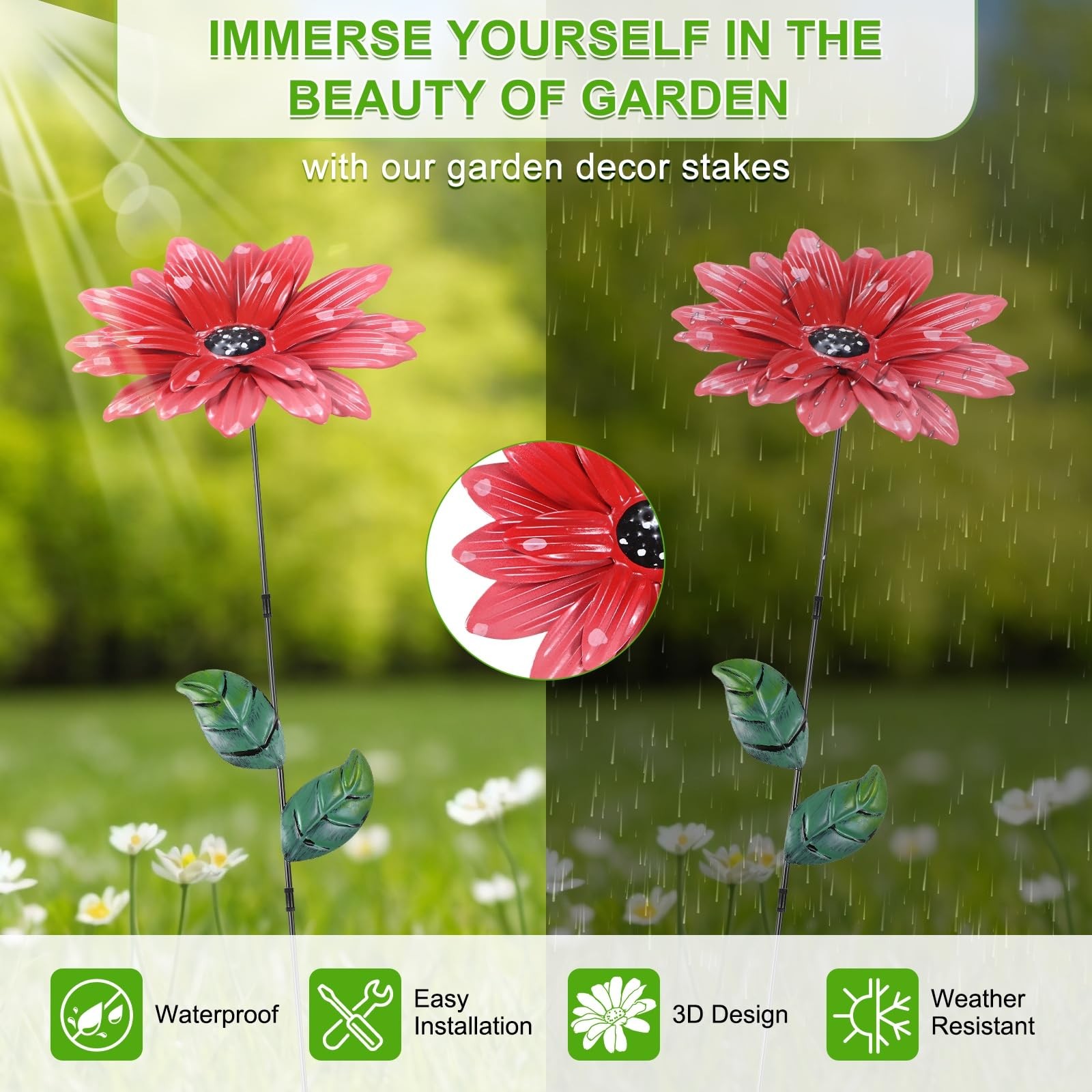 2 Pack Large Flower Garden Decor Stakes, 13 Inch Waterproof Metal Garden Stak…