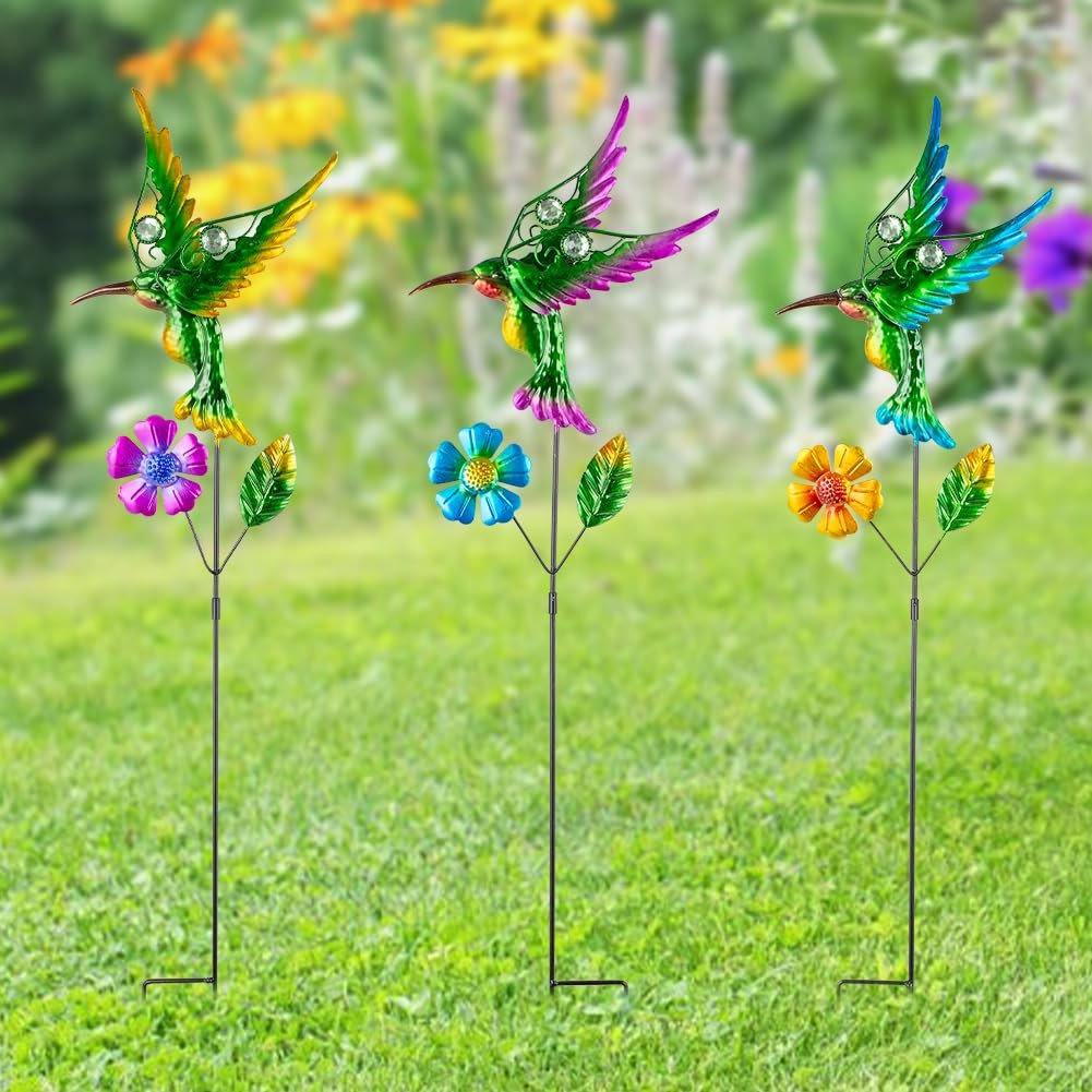 3 Pcs Hummingbird Decorative Garden Stakes with Metal Flower Set Spring Outdo