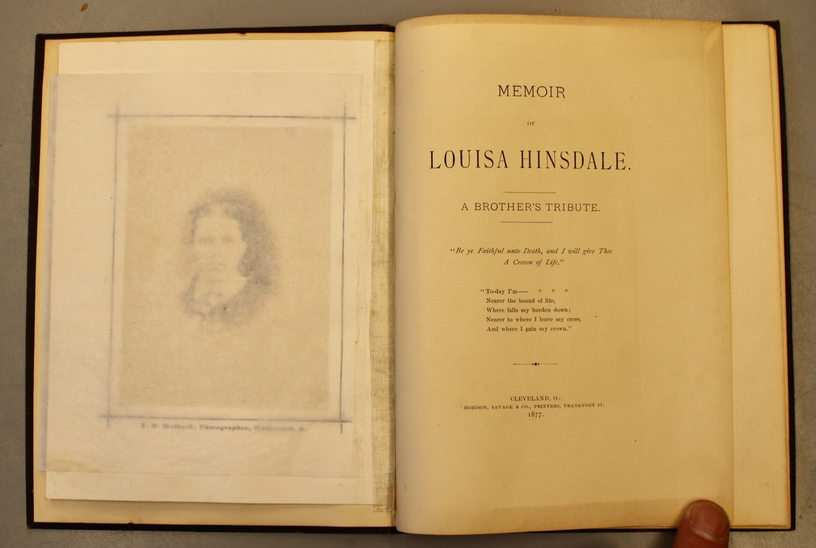 07/10 1877 Memorial Obituary Tribute Book for Louisa Hinsdale w/Photo Funeral