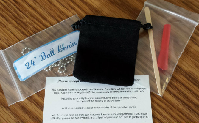 FIVE Assorted ENGRAVED CREMATION URN NECKLACES w/Pouches, Ball-Chains, Fill Kit