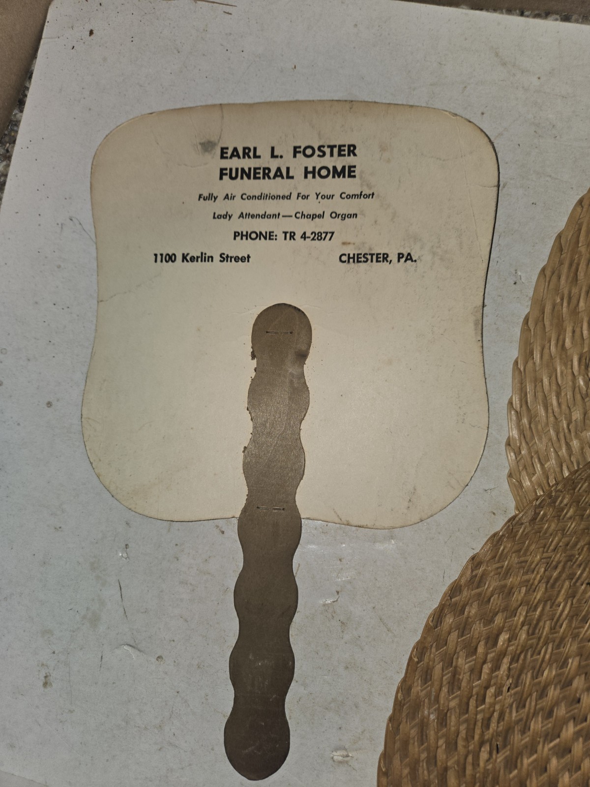 3 Vintage 50s/60s Funeral Home Fans,Foster Chester,Ruehl Bristol,Woven Palm Leaf