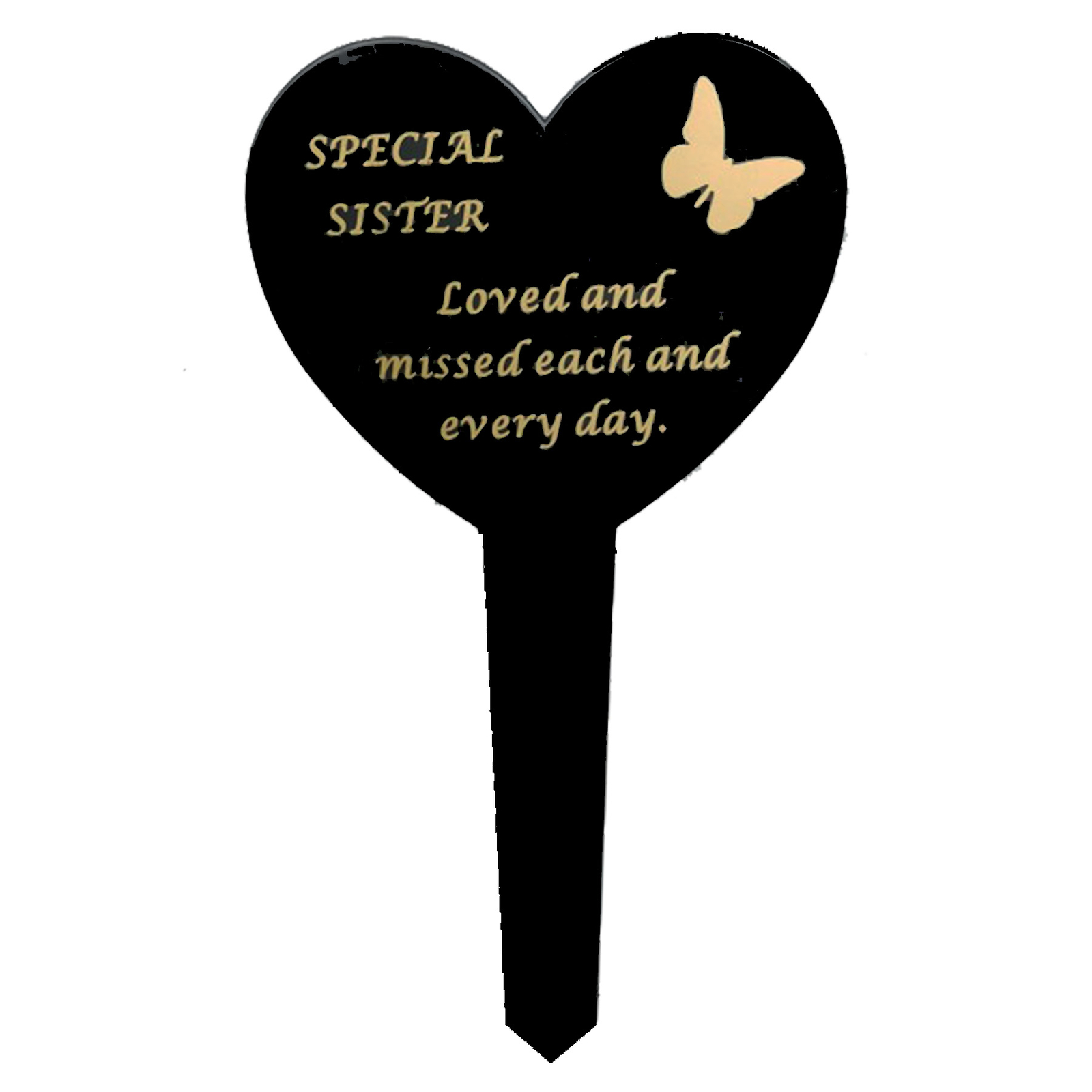 Black Plastic Heart Graveside Stake with Gold Wording – Sister
