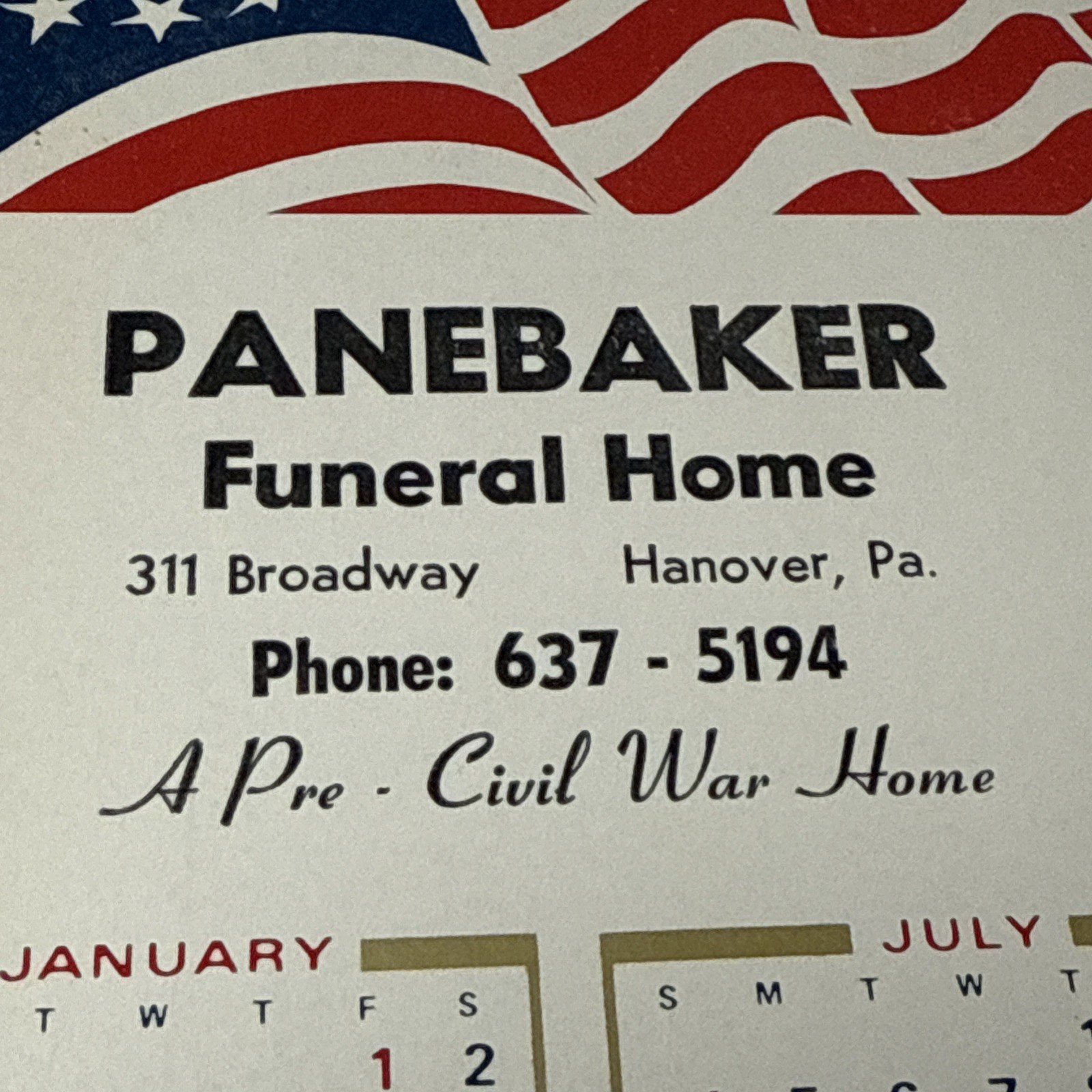 Panebaker FUNERAL HOME Advertising Calendar Hanover PA Emergency Numbers 1982