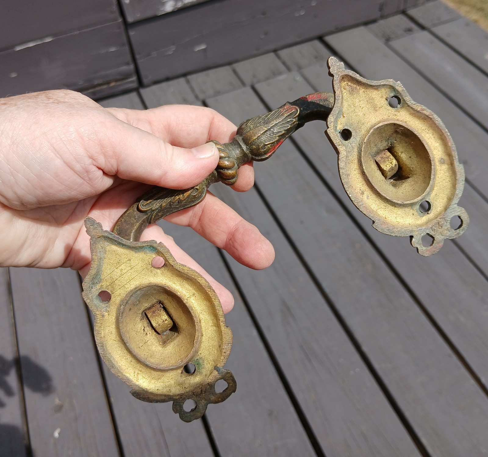 Antique Pair Heavy Cast Brass Hearse or Casket Backplates with Bail Handles 1880