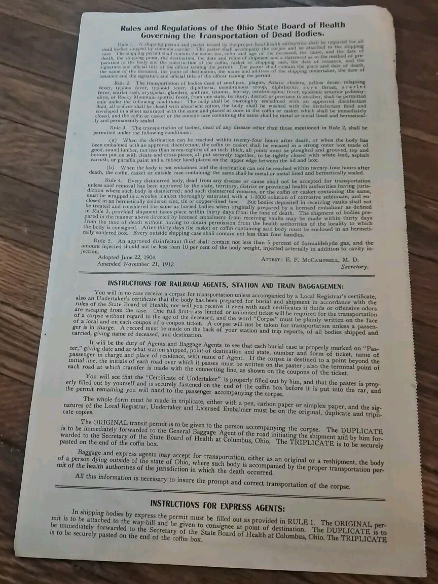 Vintage Transportation of Corpse Unused Undertaker State Permit Ohio old 1912