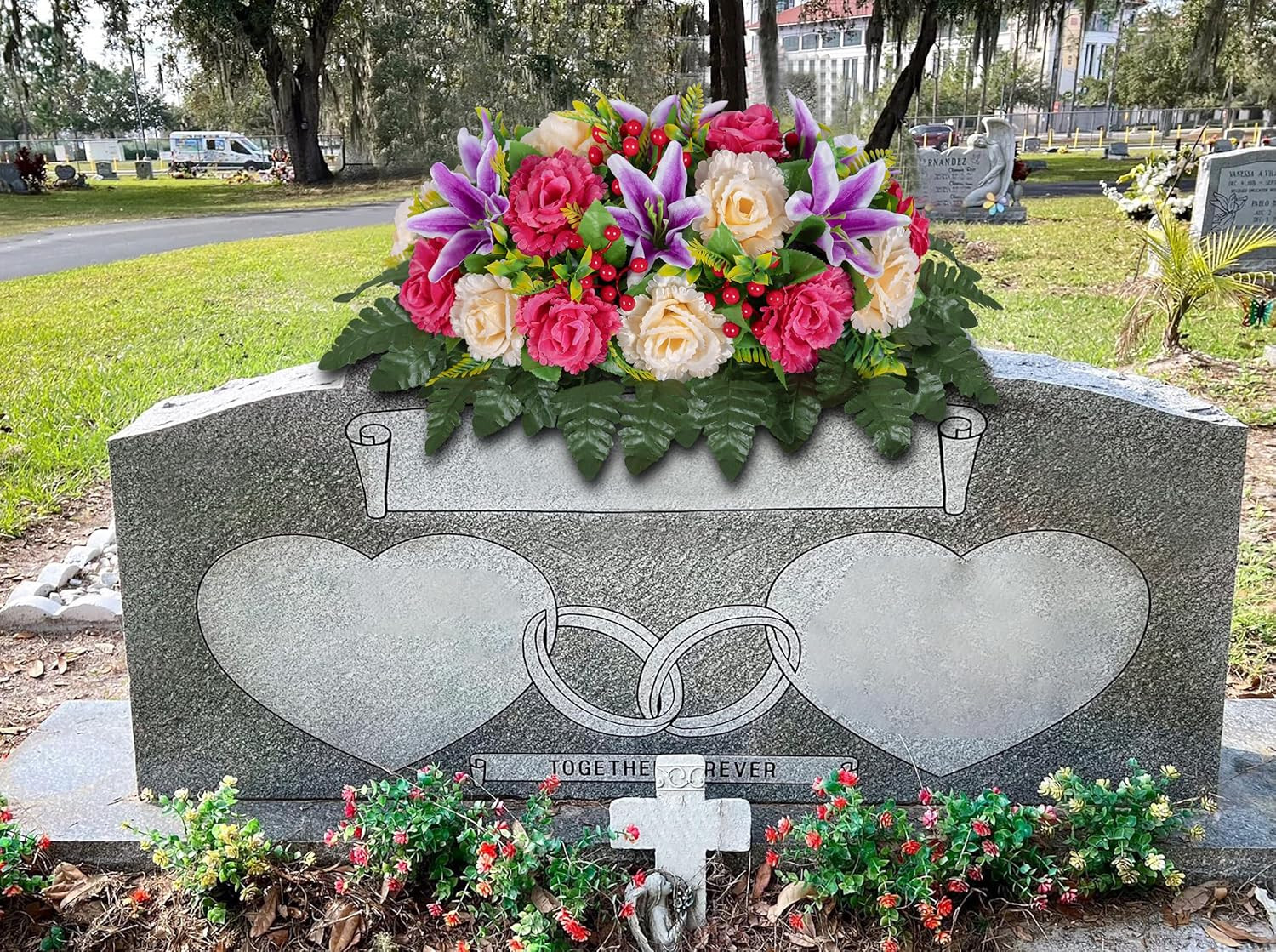 Cemetery Headstone Flower Saddle Red Silk Rose Lily Grave Decoration Outdoor