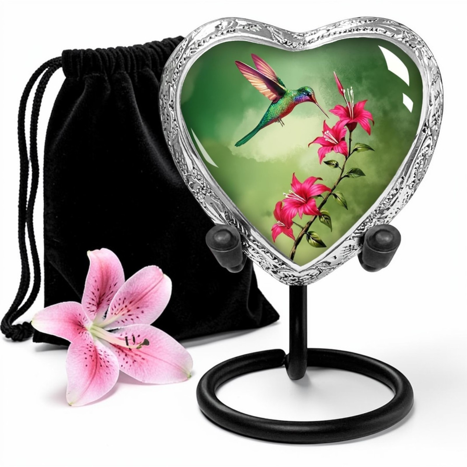 Green Hummingbird Small Heart Shaped Keepsake Urn for Ashes Adult Male & Female