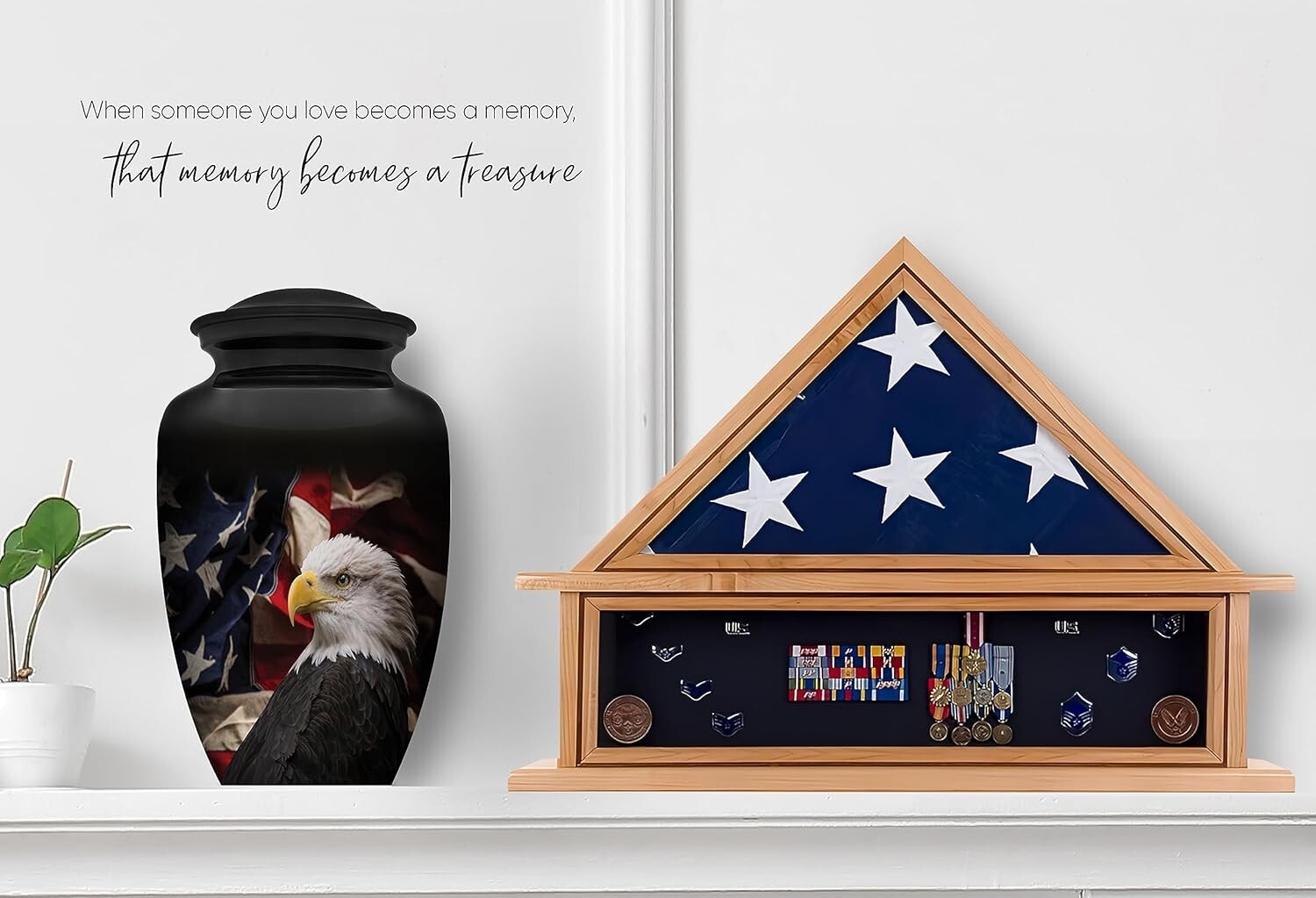 Beautiful Handmade Cremation Urn with Eagle and Flag – Secure & Durable Design
