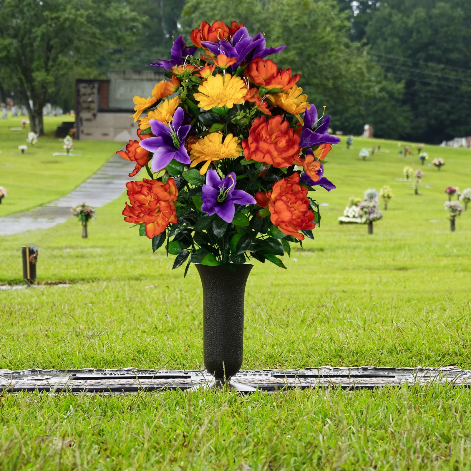 Artificial Bouquet- Orange Peonies, Purple Lilies, & Yellow Daisies with Vase
