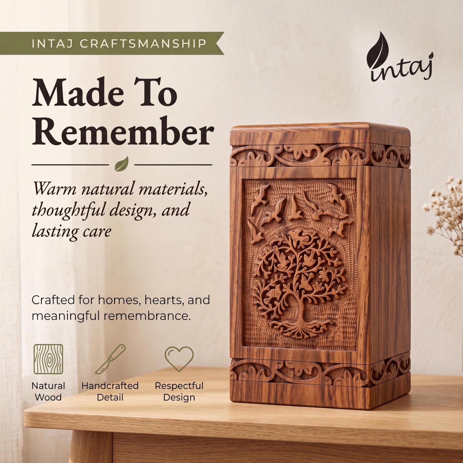 Hand-Carved Tree of Life Wooden Urn for Human Ashes – Large 250 Cu In Memorial