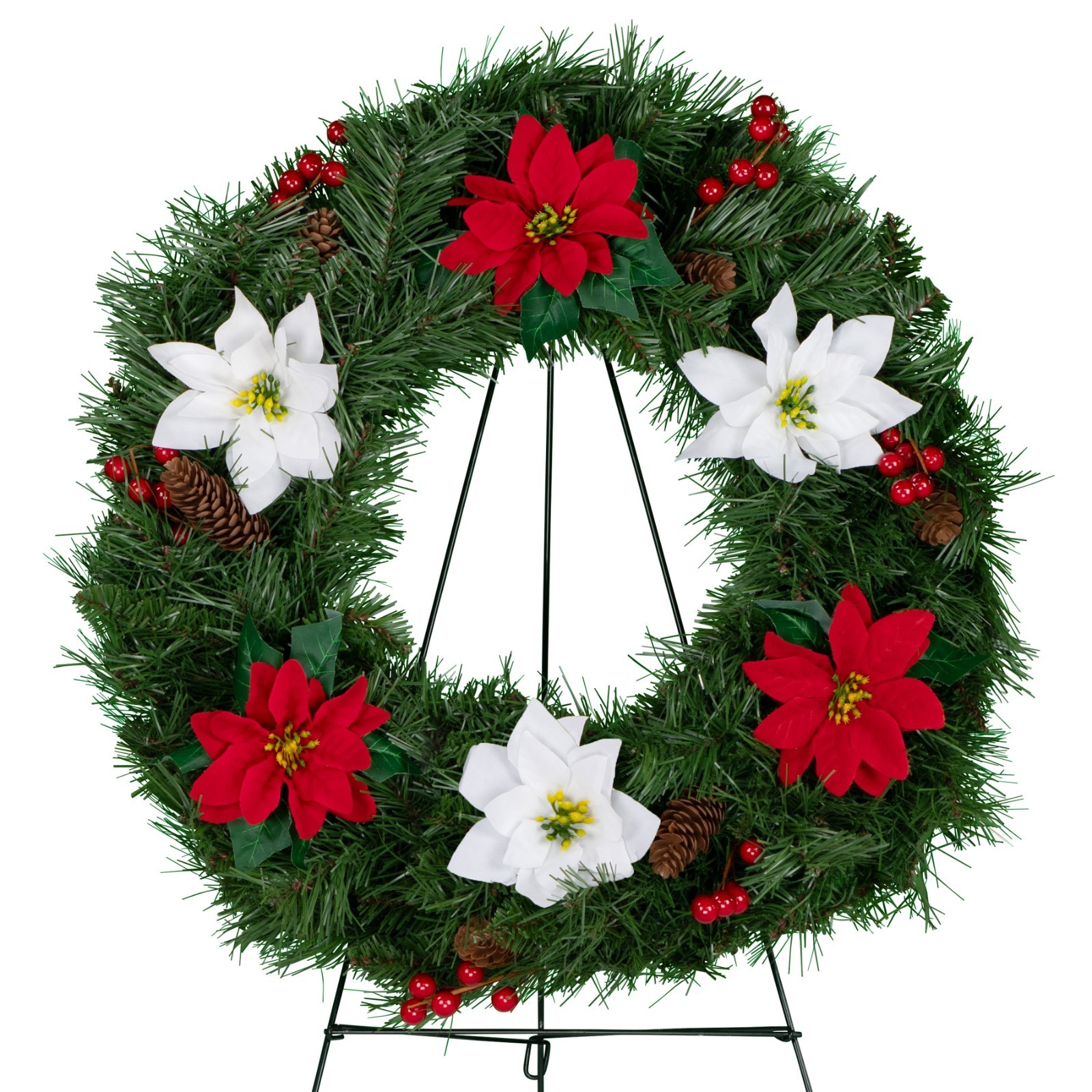 Artificial Christmas Wreath – Red &White Poinsettias with Pinecones and Easel