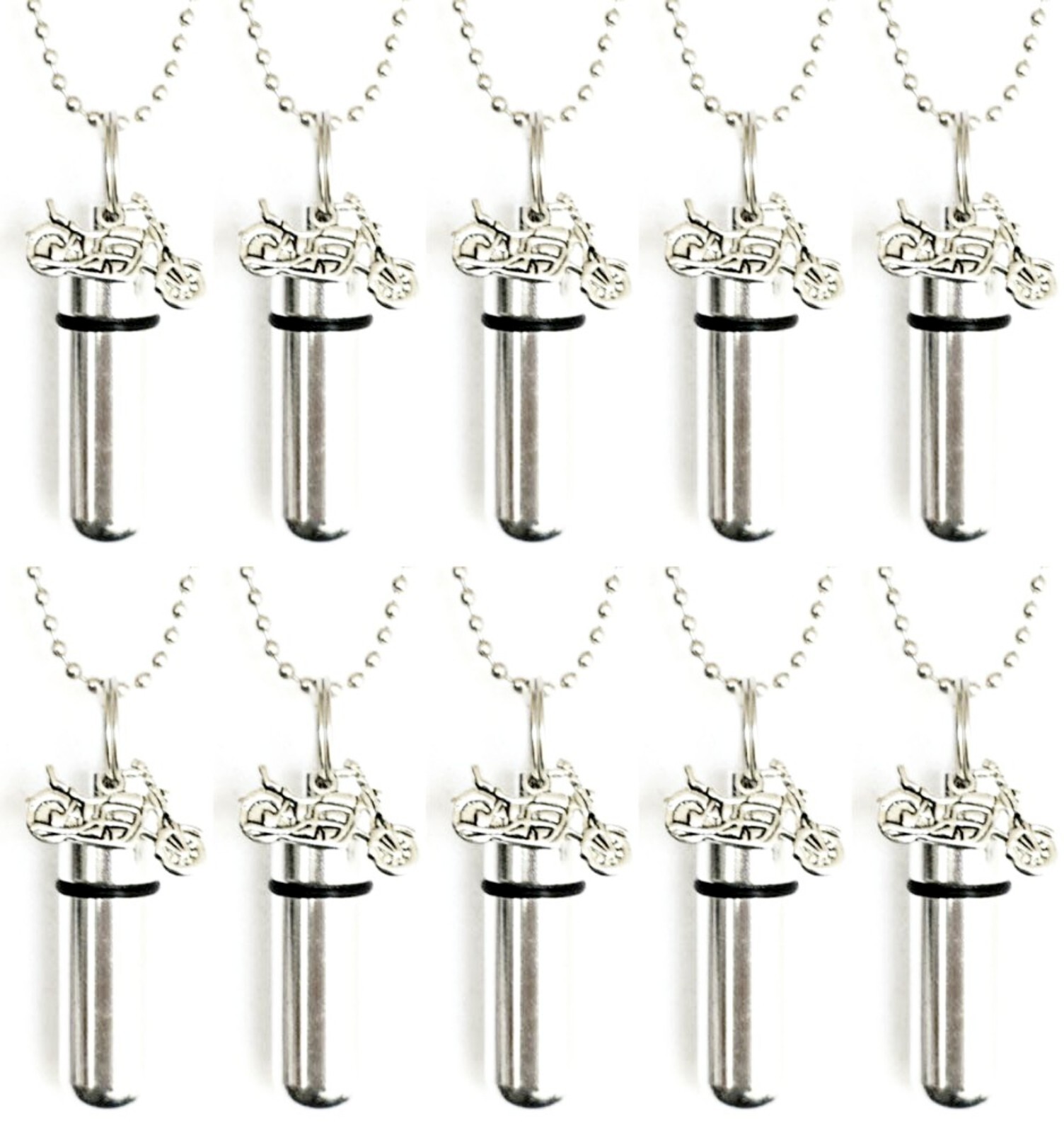 Set of TEN Silver MOTORCYCLE CREMATION URN NECKLACES w/Velvet Pouches & Fill Kit