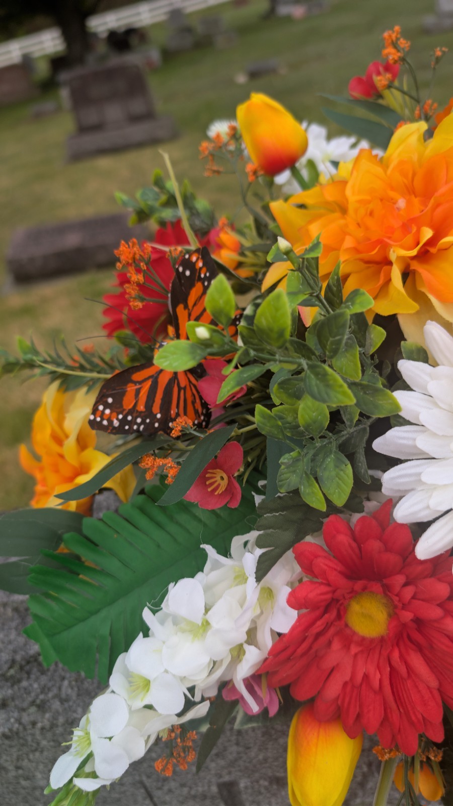 Orange Yellow Summer Grave Saddle, Butterfly Flower Arrangement