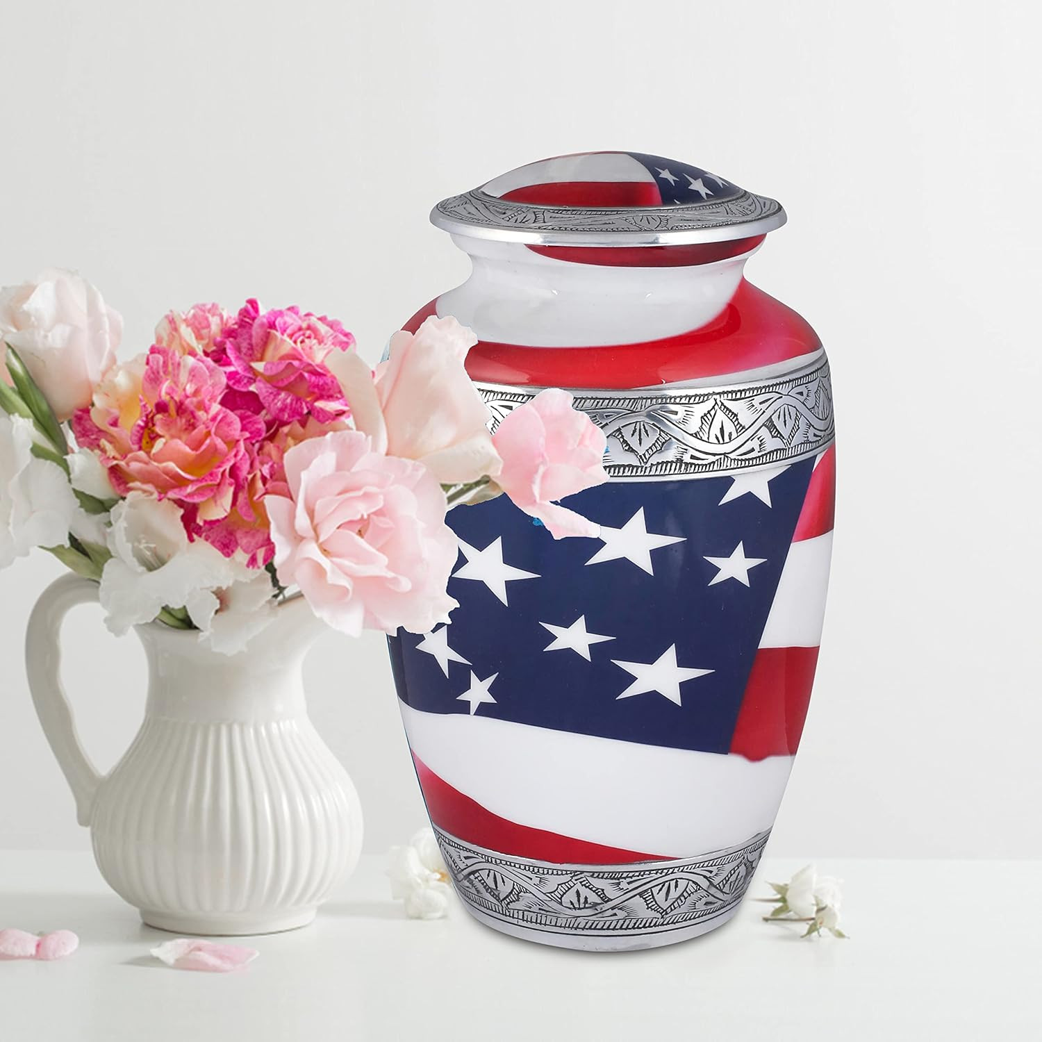 American Flag Hand Engraved Cremation Urn for Adult Human Ashes, Veterans, First
